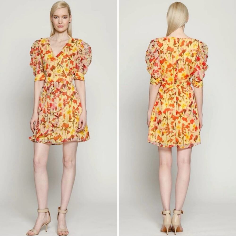 Walter Baker Size 4 Adriana Dress in Yellow Tulip Puff Sleeves Floral Faux Wrap